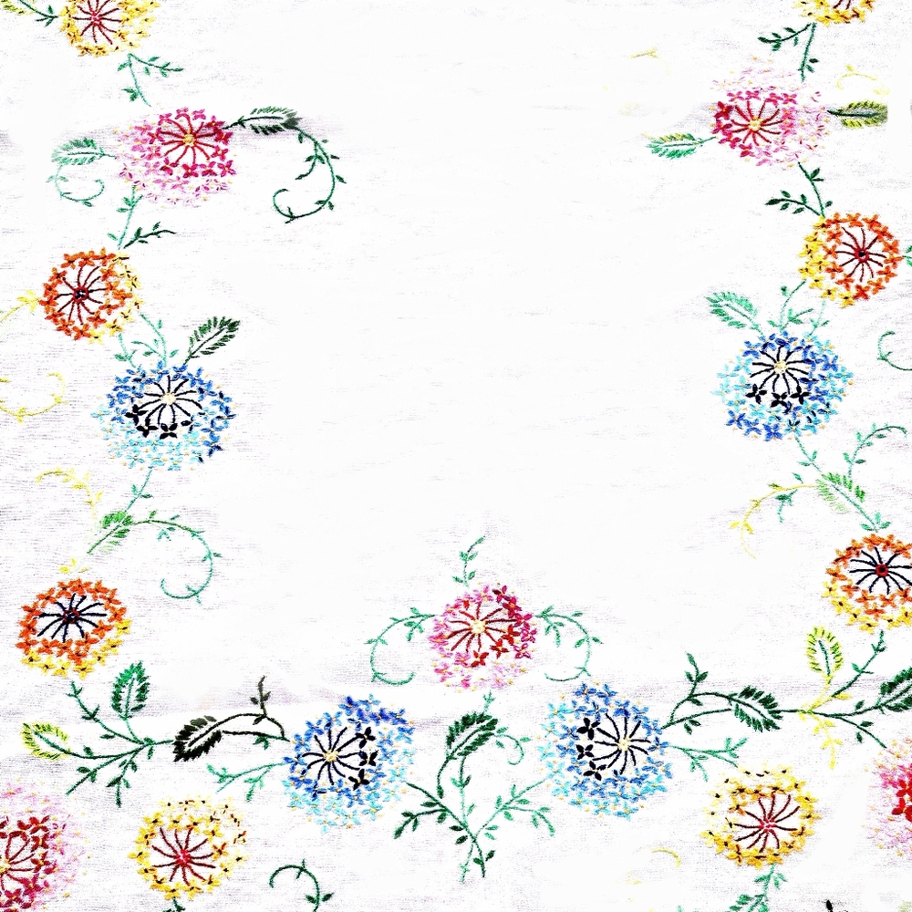 Vintage Embroidered Linen Tablecloth Spring & Summer Flowers Handmade 60 X 48"